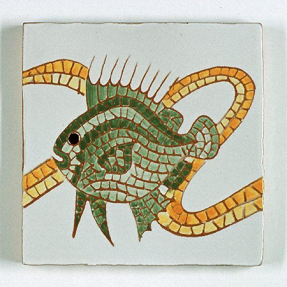 Carreau décoré motif poisson vert peint à la main - Salernes
